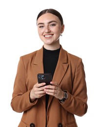 Beautiful woman in brown jacket with smartphone on white background