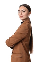 Photo of Beautiful woman in brown jacket on white background