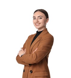 Photo of Beautiful woman in brown jacket on white background