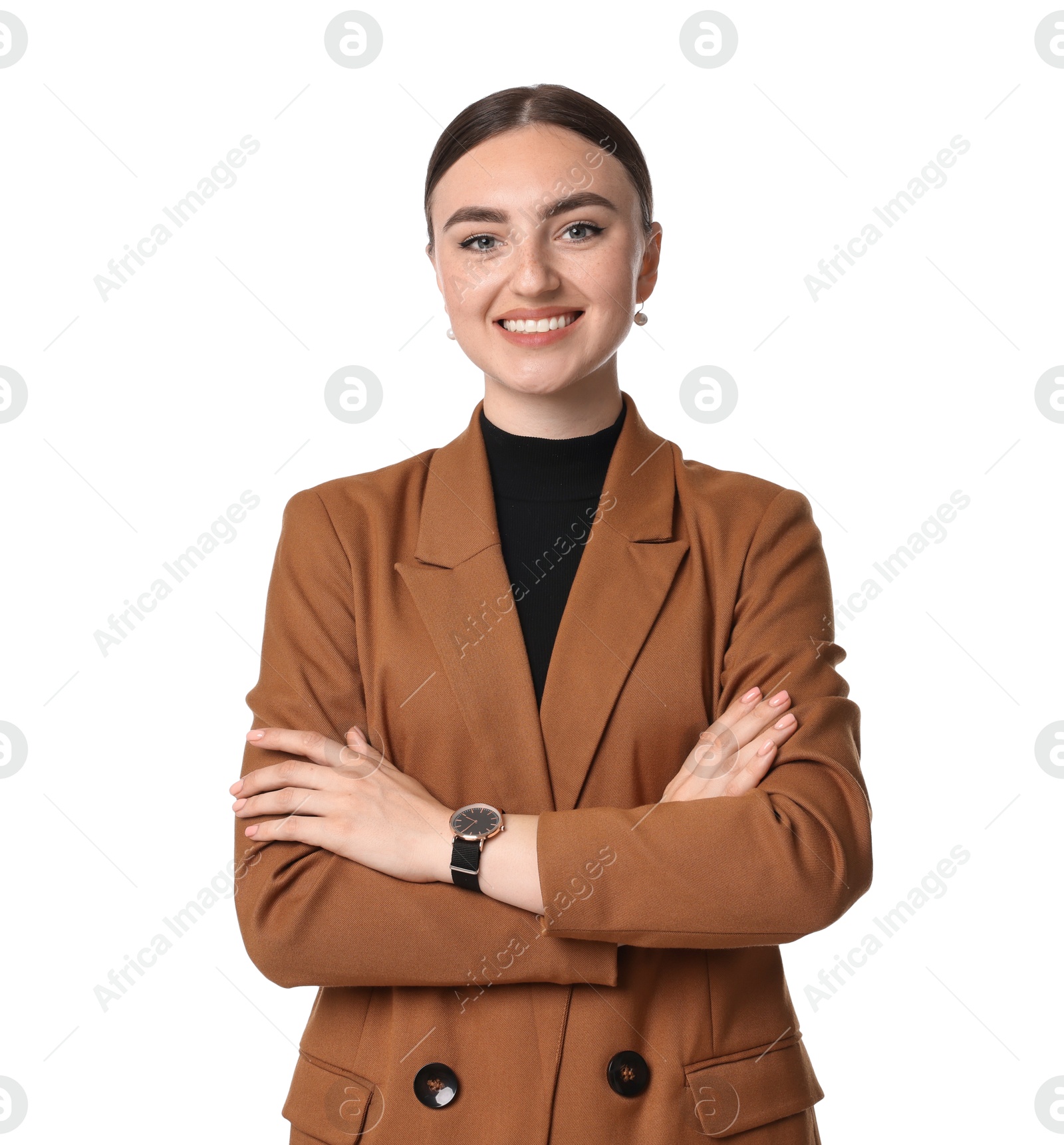 Photo of Beautiful woman in brown jacket on white background