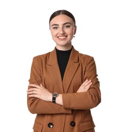 Photo of Beautiful woman in brown jacket on white background