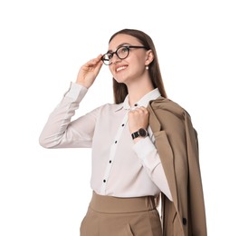 Beautiful woman in beige suit and glasses on white background