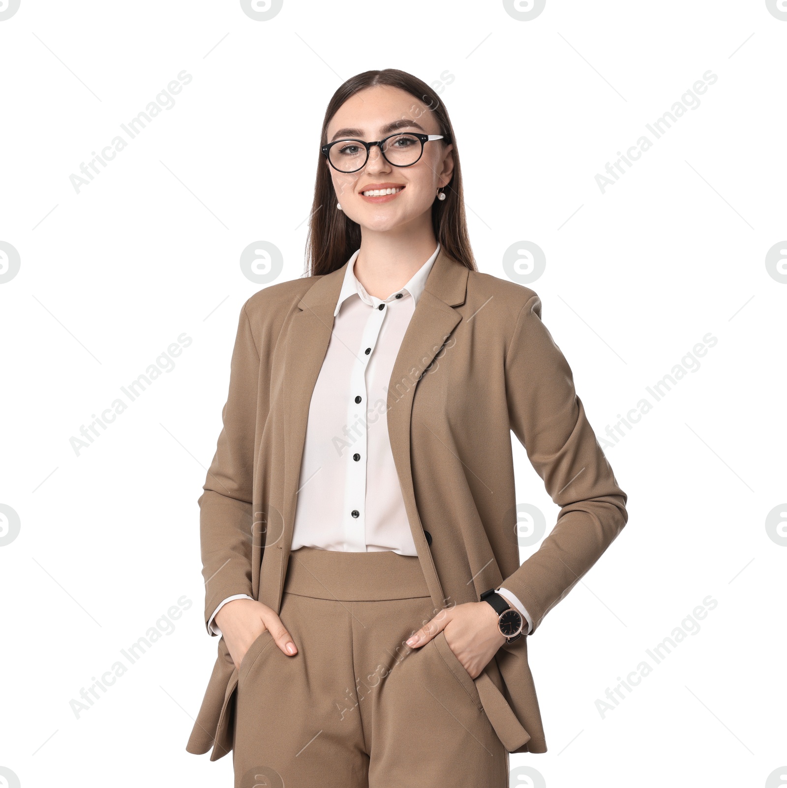 Photo of Beautiful woman in beige suit and glasses on white background