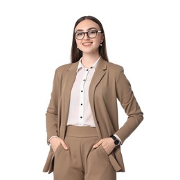 Beautiful woman in beige suit and glasses on white background