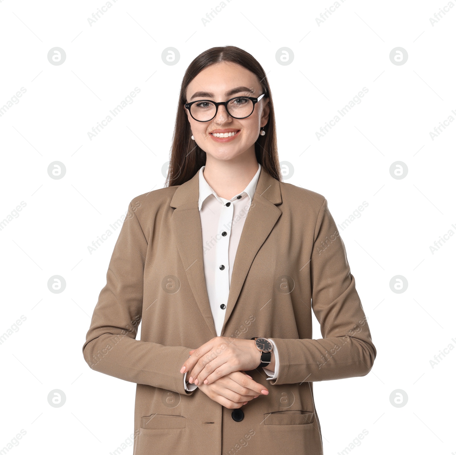 Photo of Beautiful woman in beige suit and glasses on white background