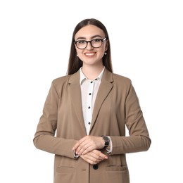 Beautiful woman in beige suit and glasses on white background