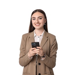 Beautiful woman in beige suit with smartphone on white background