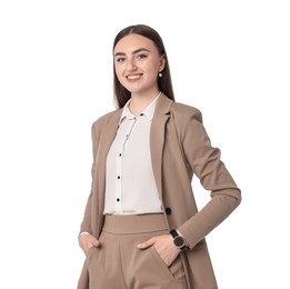 Photo of Beautiful woman in beige suit on white background