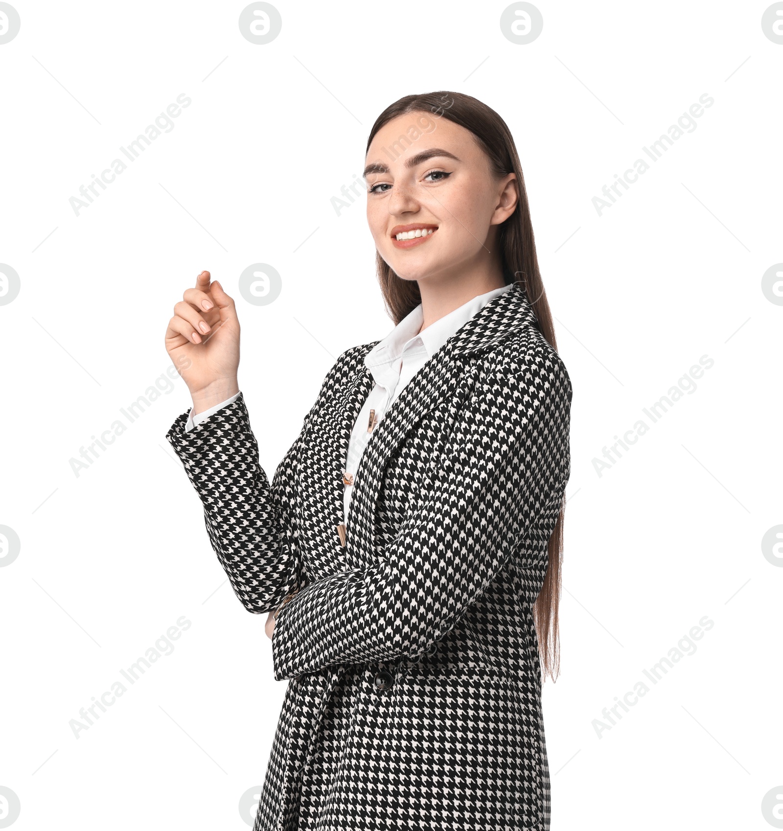 Photo of Beautiful woman in stylish suit on white background