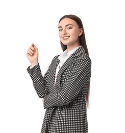 Photo of Beautiful woman in stylish suit on white background