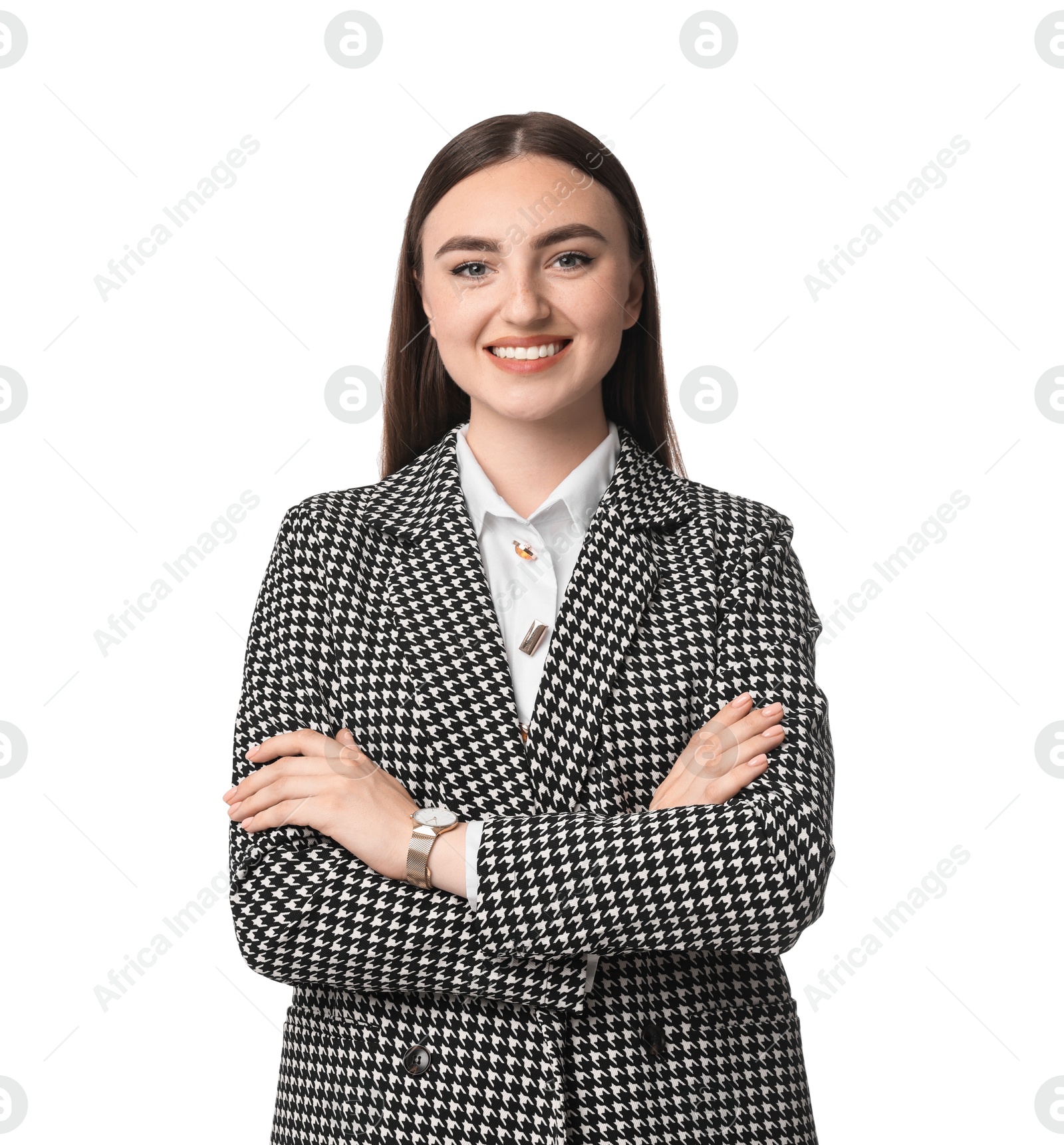 Photo of Beautiful woman in stylish suit on white background