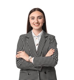 Beautiful woman in stylish suit on white background