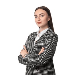 Beautiful woman in stylish suit on white background