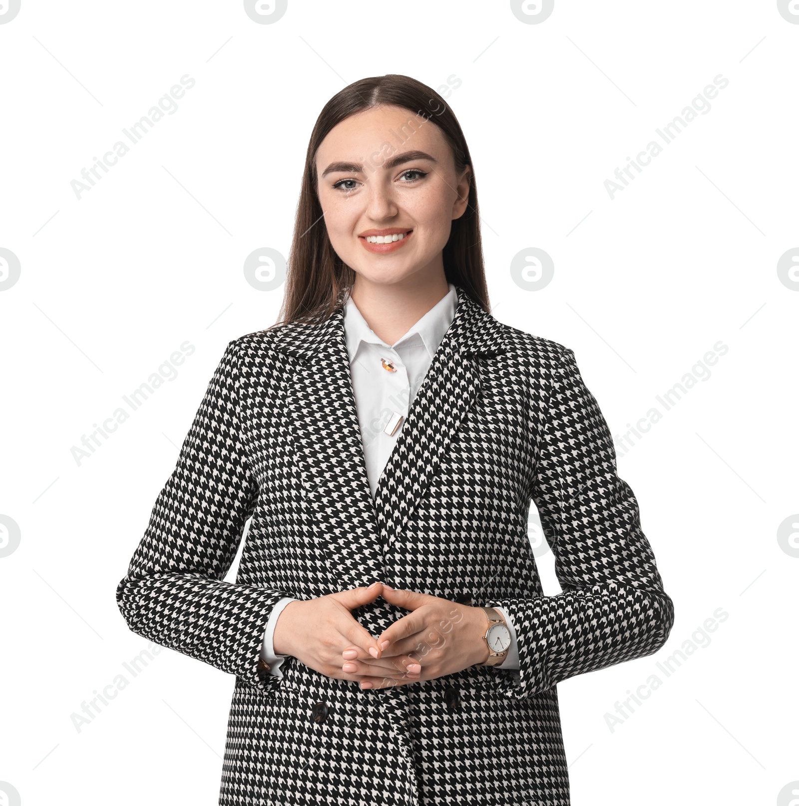 Photo of Beautiful woman in stylish suit on white background