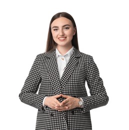 Photo of Beautiful woman in stylish suit on white background