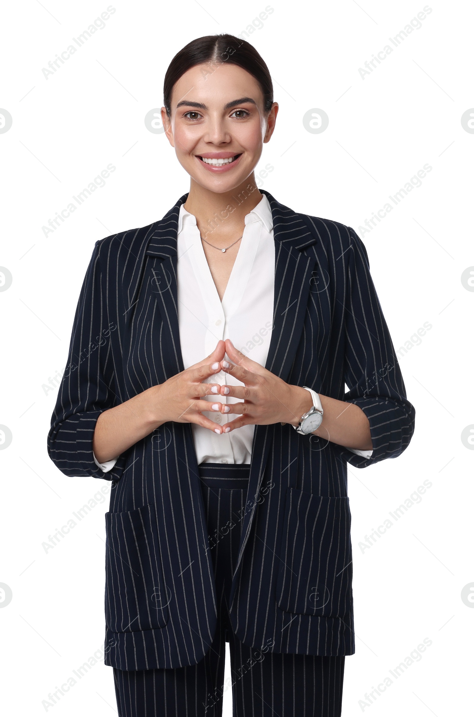 Photo of Beautiful woman in black striped suit on white background