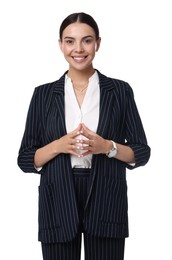 Photo of Beautiful woman in black striped suit on white background