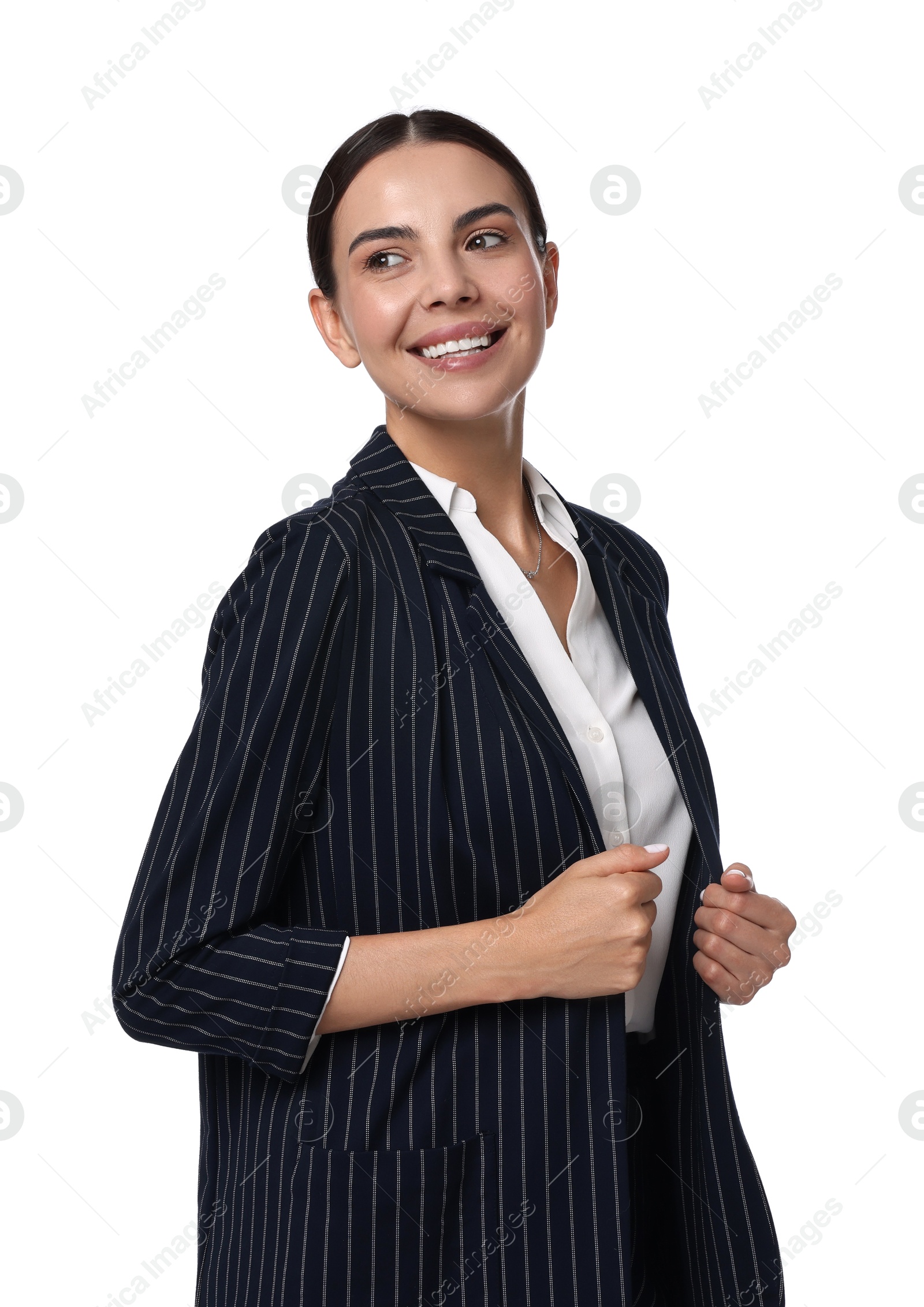 Photo of Beautiful woman in black striped suit on white background