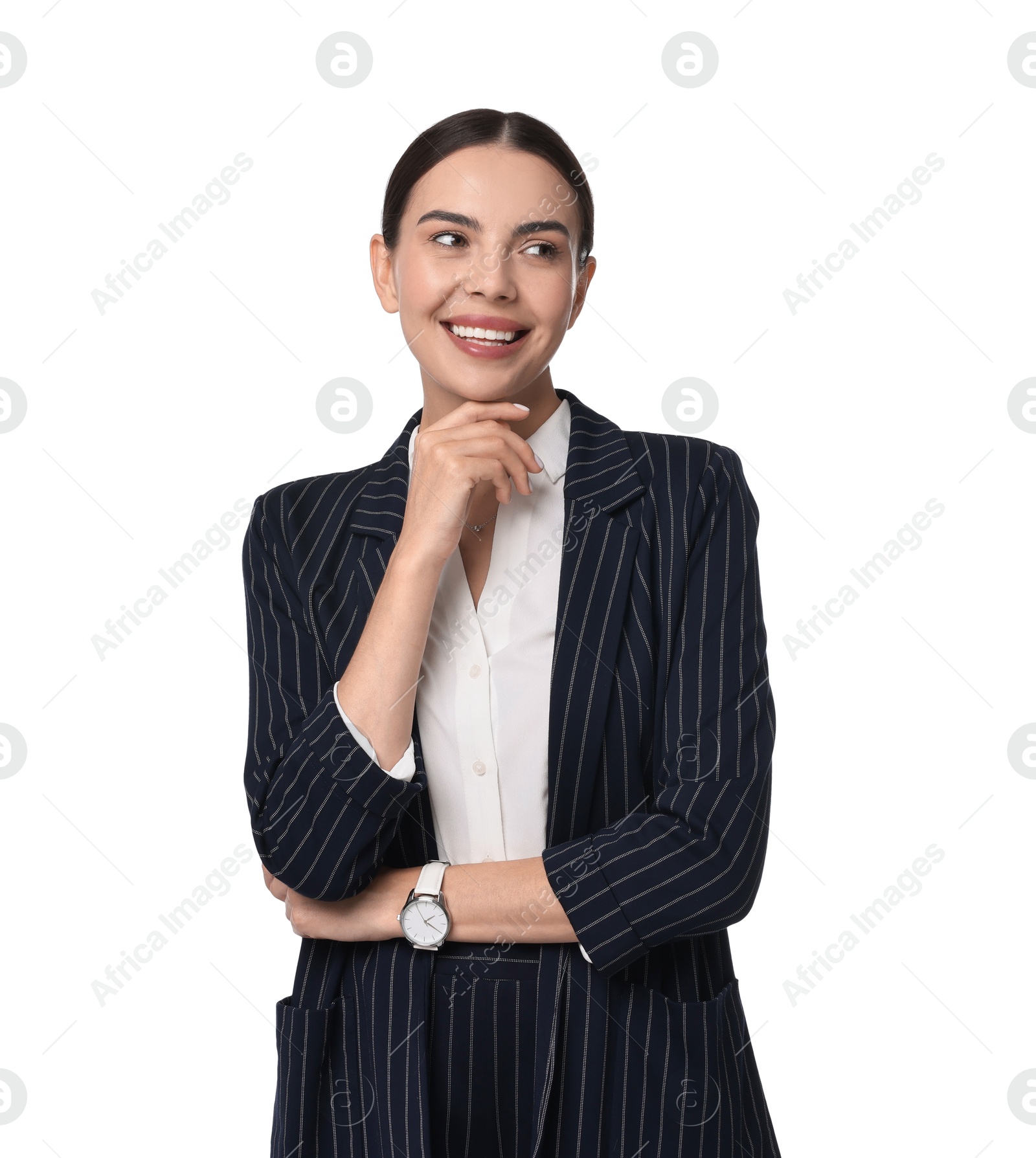 Photo of Beautiful woman in black striped suit on white background