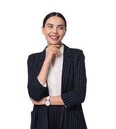 Beautiful woman in black striped suit on white background