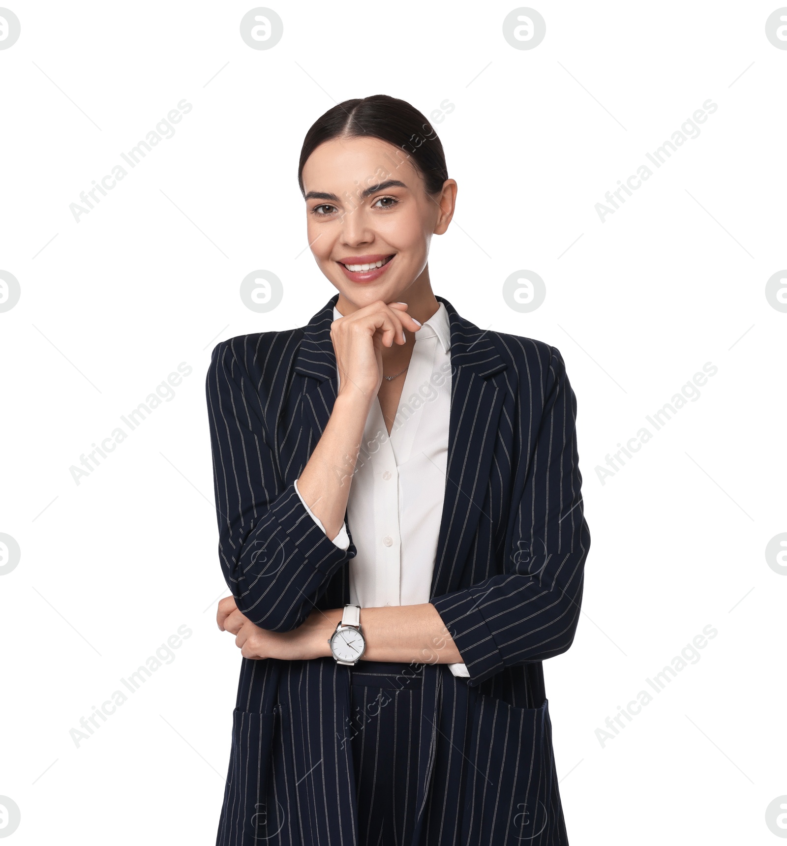 Photo of Beautiful woman in black striped suit on white background