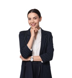 Photo of Beautiful woman in black striped suit on white background