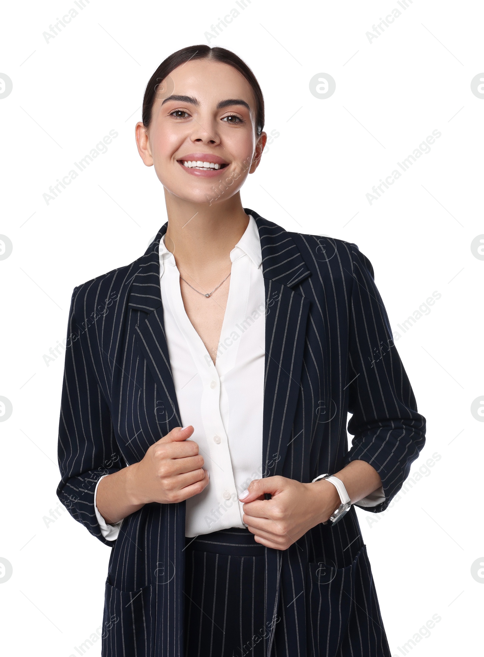 Photo of Beautiful woman in black striped suit on white background