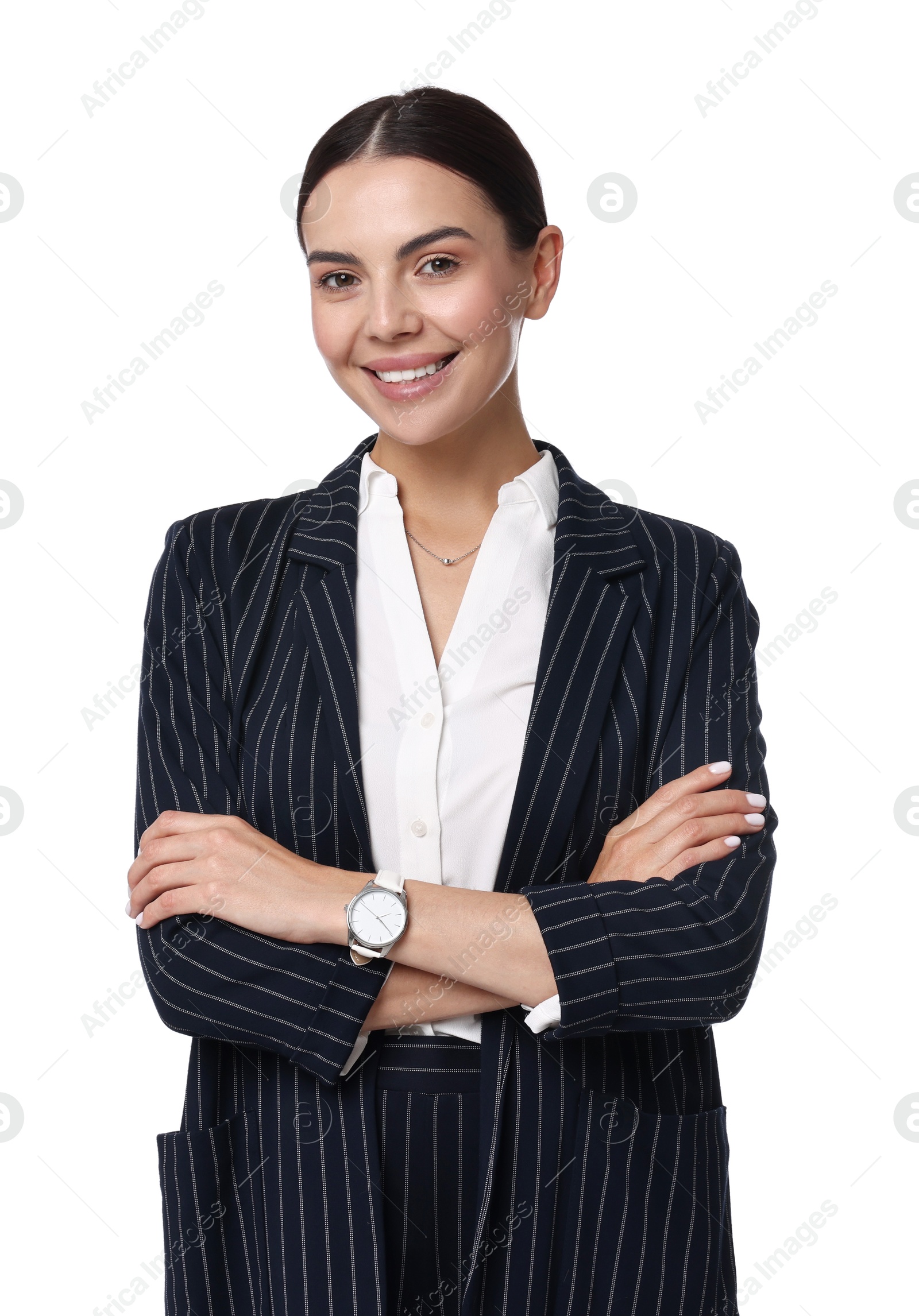 Photo of Beautiful woman in black striped suit on white background