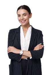 Beautiful woman in black striped suit on white background