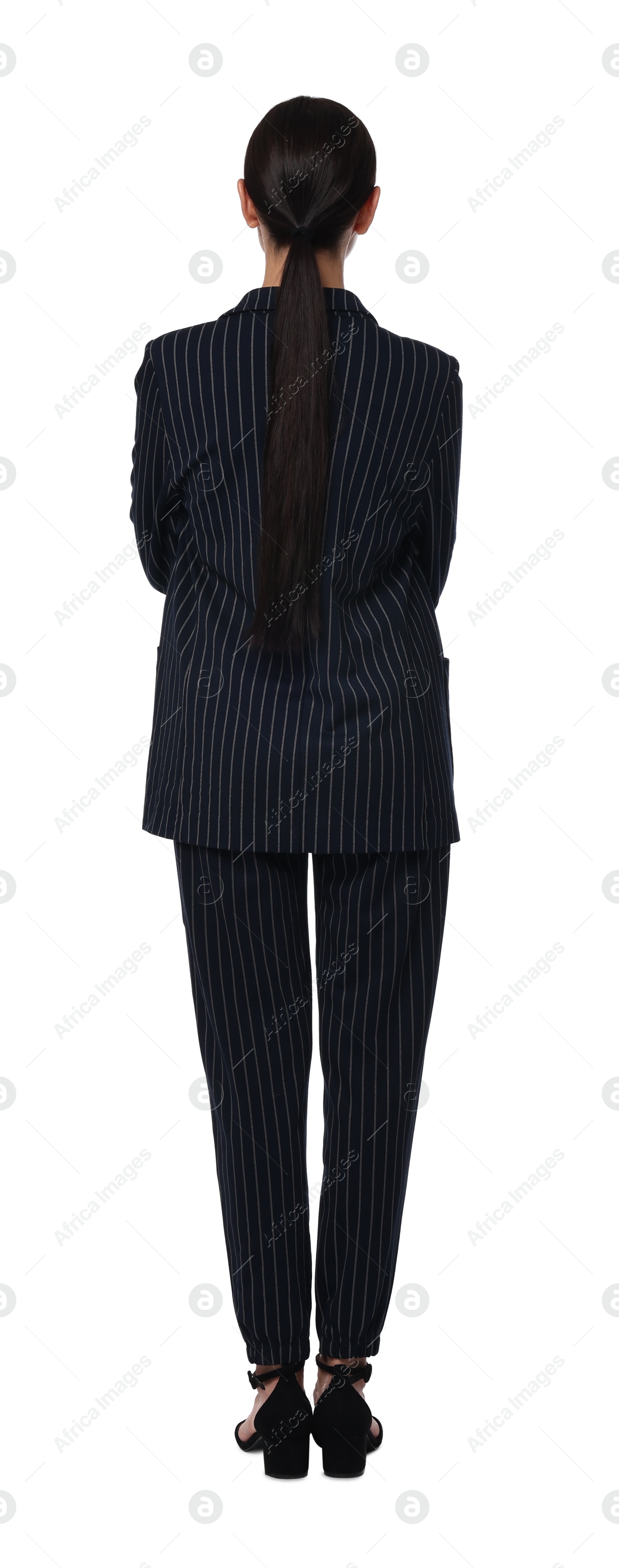 Photo of Woman in black striped suit on white background, back view