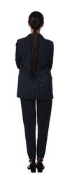 Photo of Woman in black striped suit on white background, back view