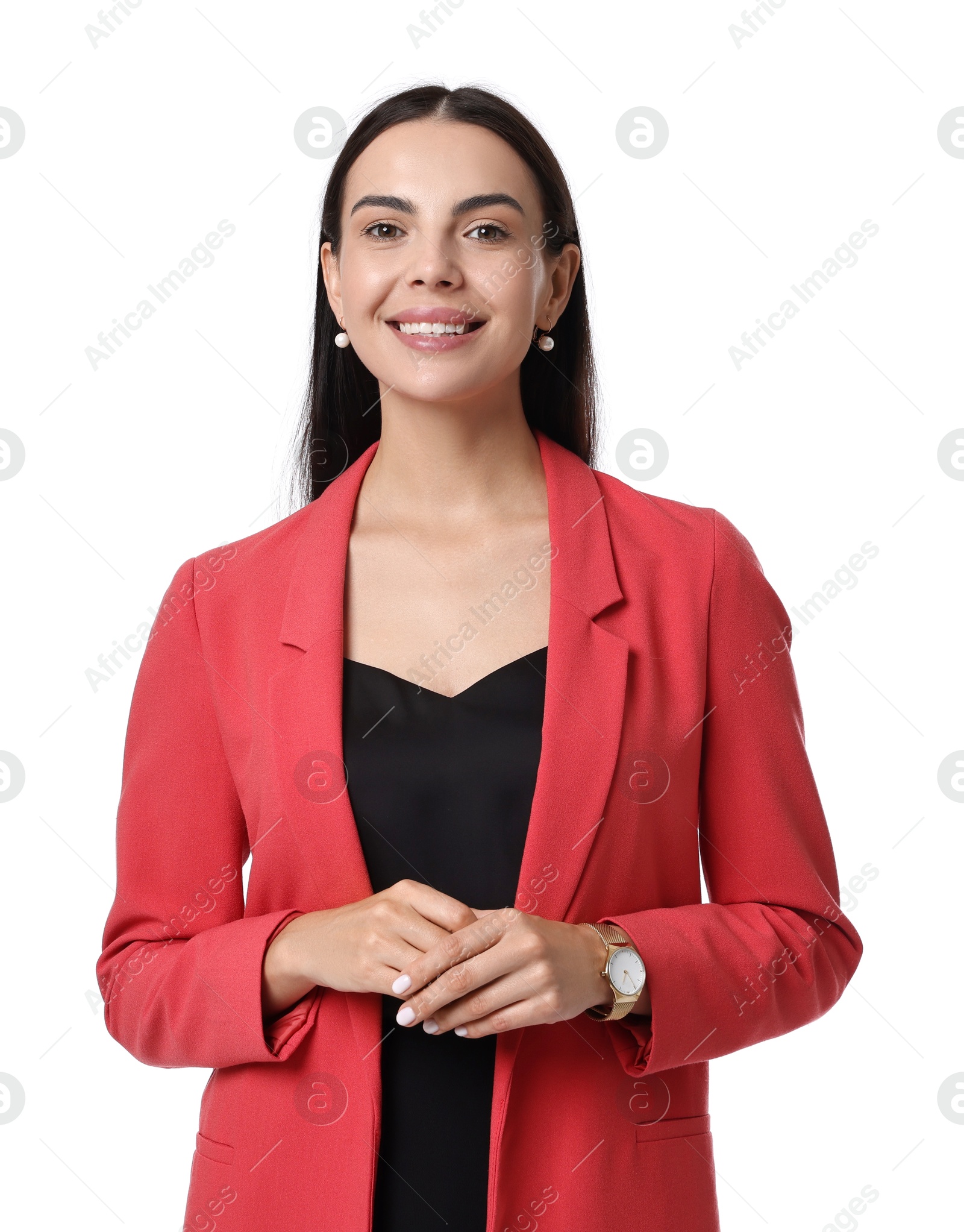 Photo of Beautiful woman in red jacket and black dress on white background