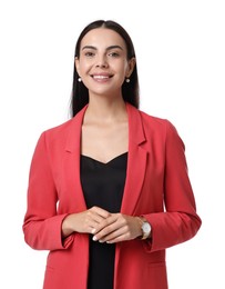 Beautiful woman in red jacket and black dress on white background