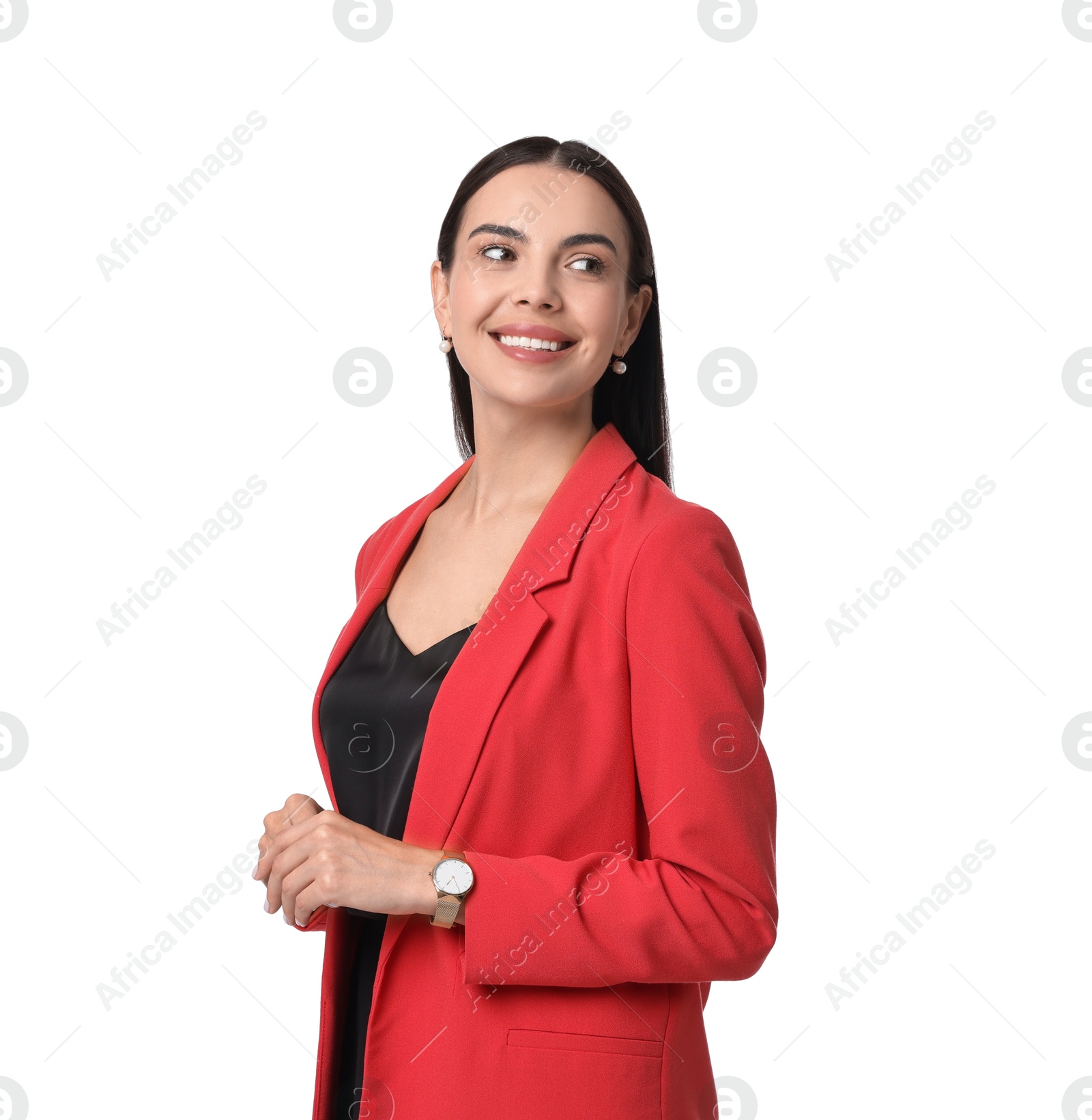 Photo of Beautiful woman in red jacket and black dress on white background