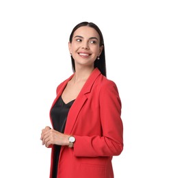 Photo of Beautiful woman in red jacket and black dress on white background