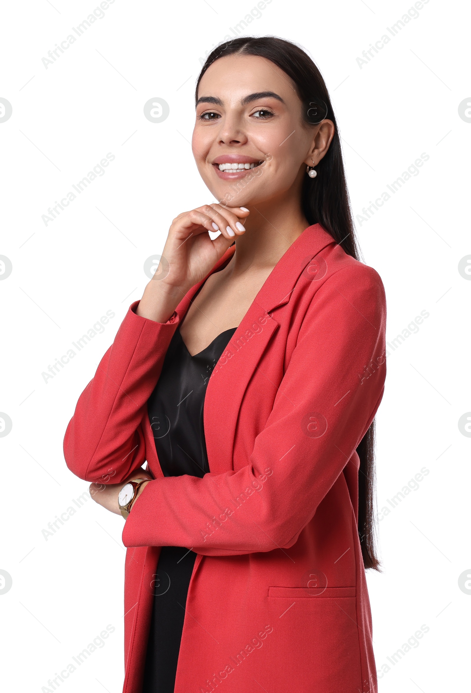 Photo of Beautiful woman in red jacket and black dress on white background