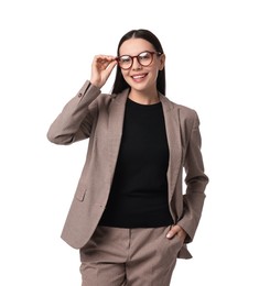 Beautiful woman in beige suit and glasses on white background