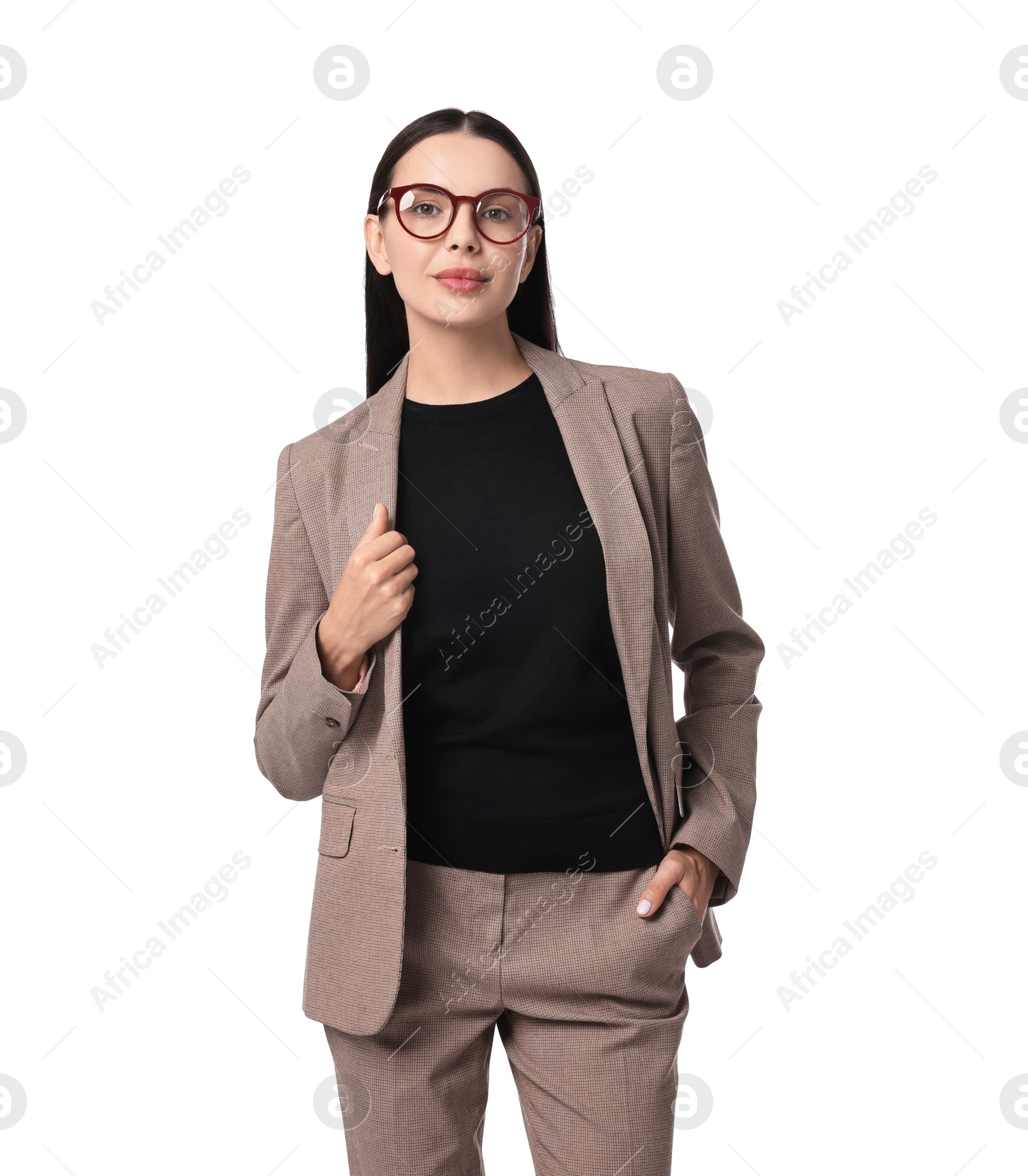 Photo of Beautiful woman in beige suit and glasses on white background