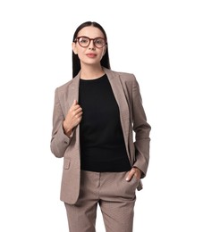 Photo of Beautiful woman in beige suit and glasses on white background