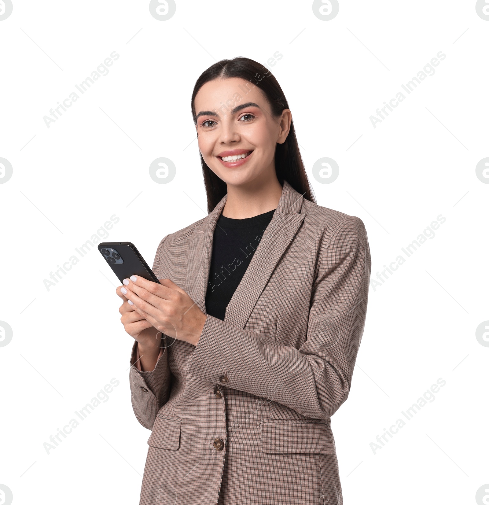 Photo of Beautiful woman in beige suit with smartphone on white background