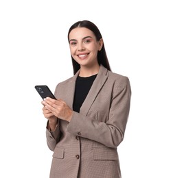 Beautiful woman in beige suit with smartphone on white background