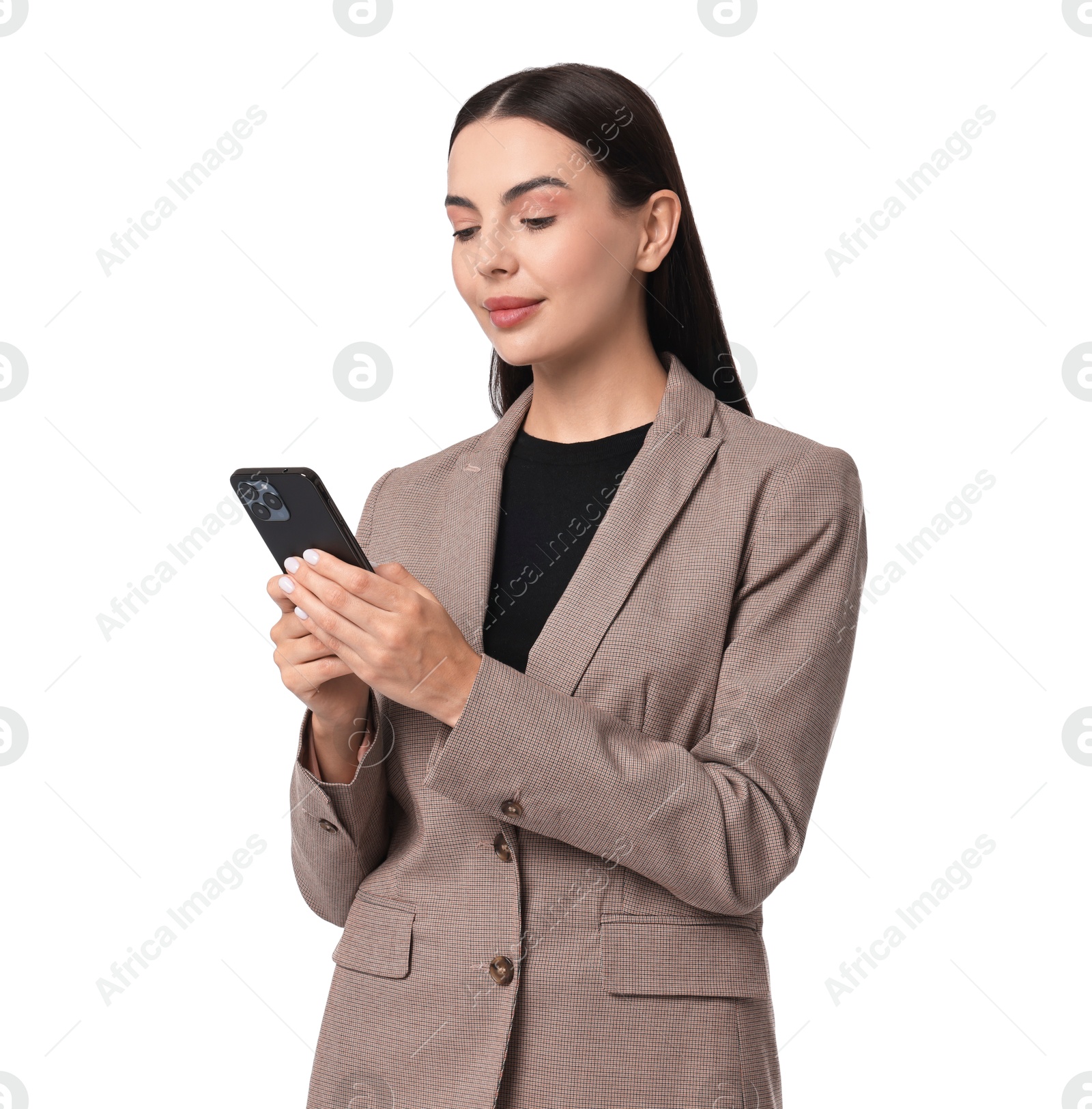 Photo of Beautiful woman in beige suit using smartphone on white background