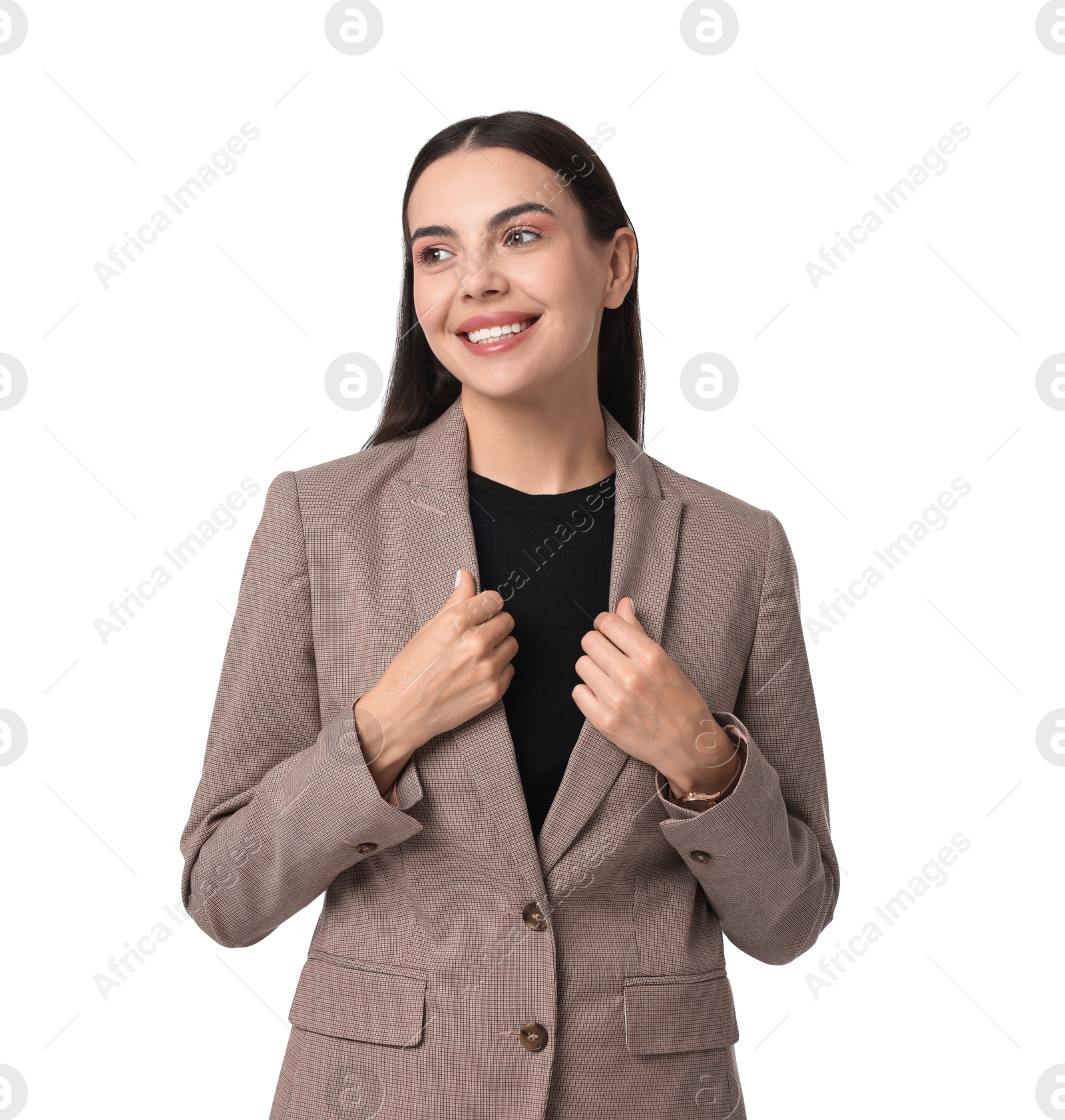 Photo of Beautiful woman in beige suit on white background