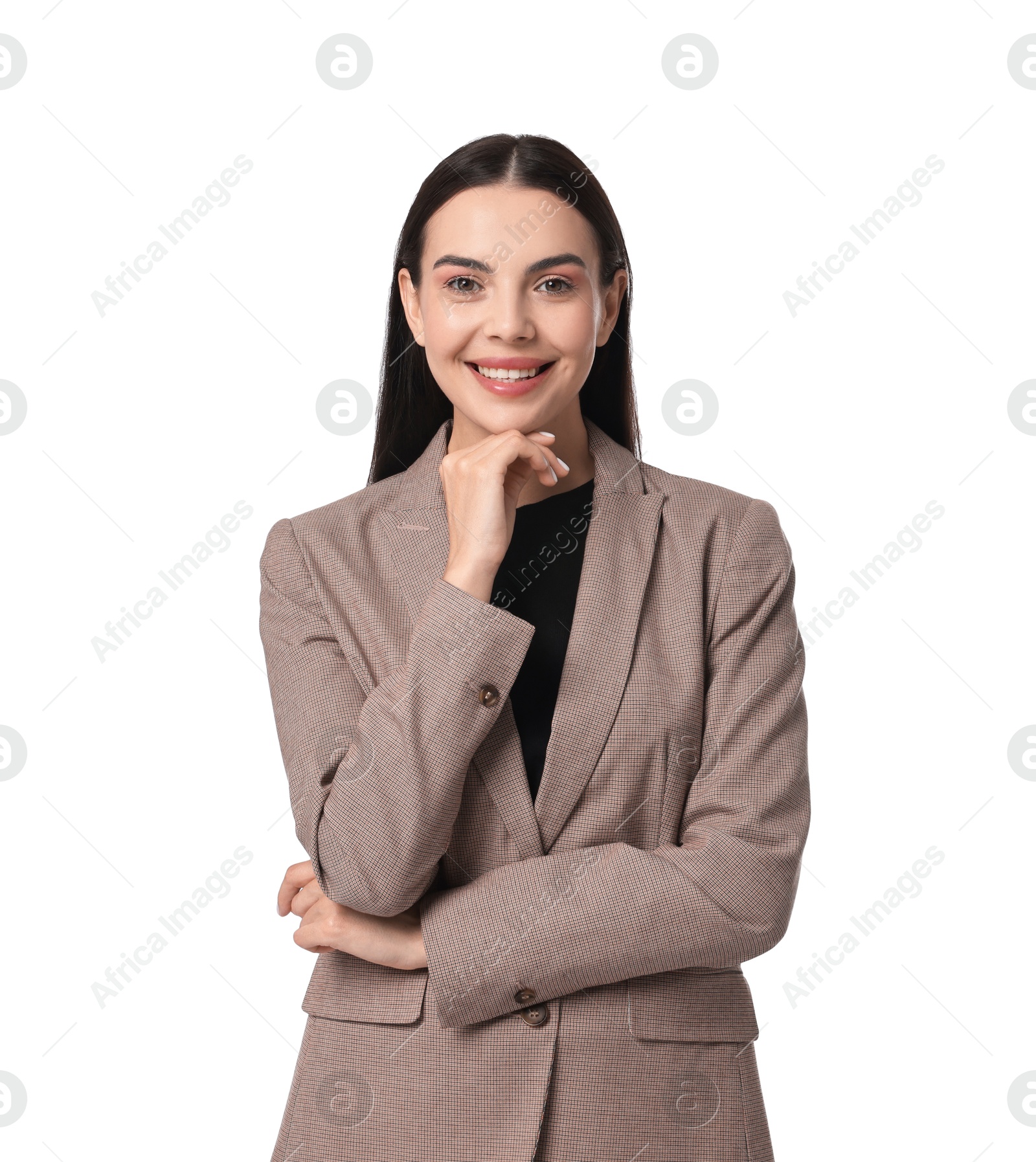 Photo of Beautiful woman in beige suit on white background