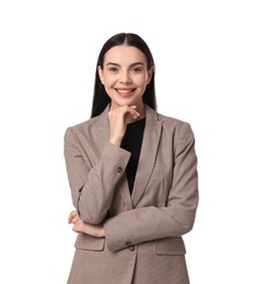 Beautiful woman in beige suit on white background