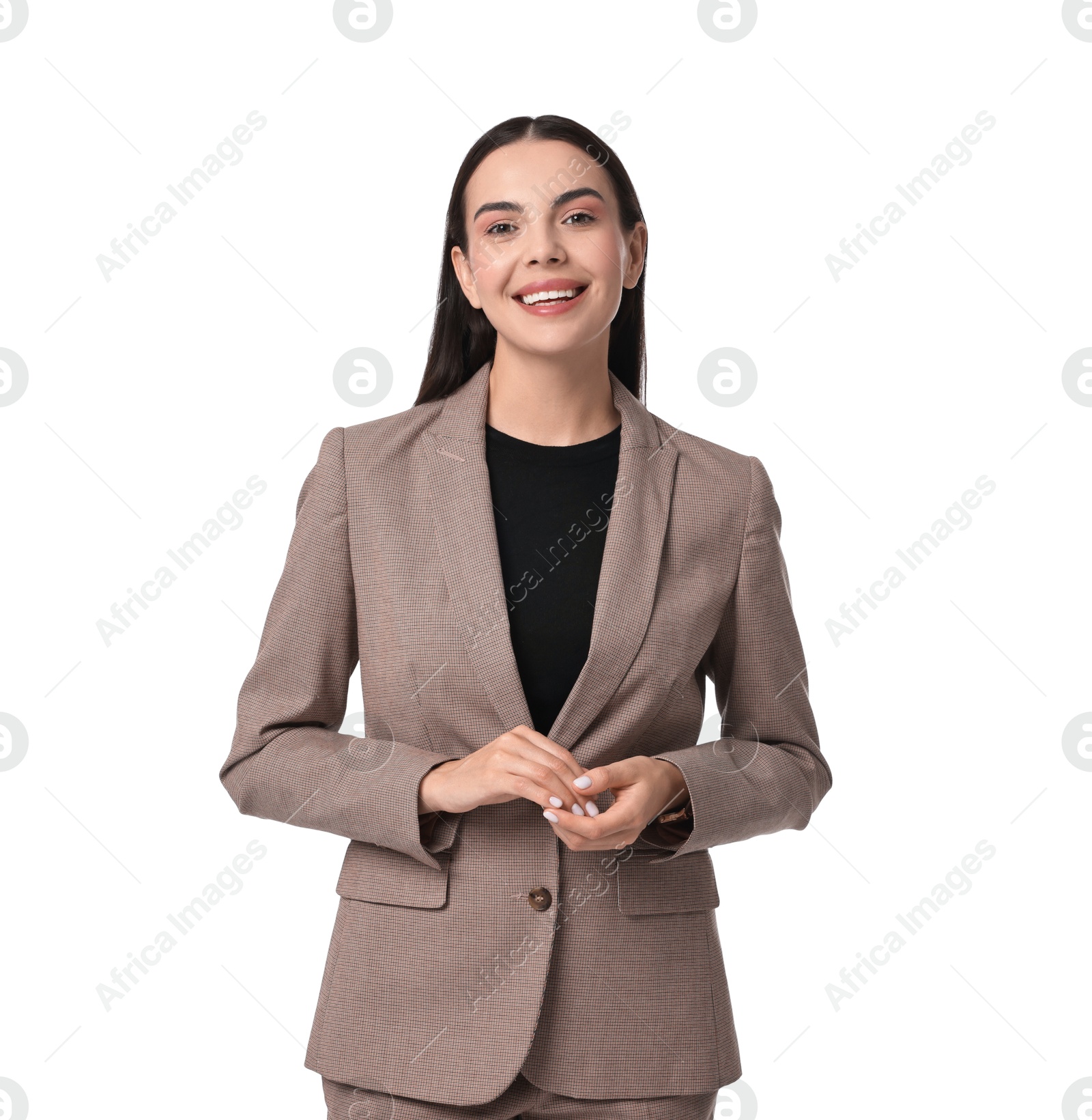 Photo of Beautiful woman in beige suit on white background