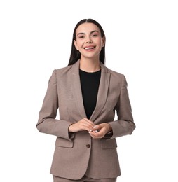 Photo of Beautiful woman in beige suit on white background