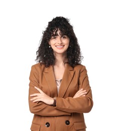 Photo of Beautiful young woman in stylish suit isolated on white