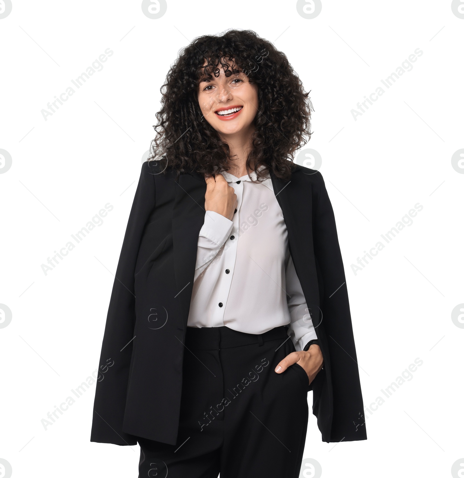 Photo of Beautiful young woman in black suit isolated on white