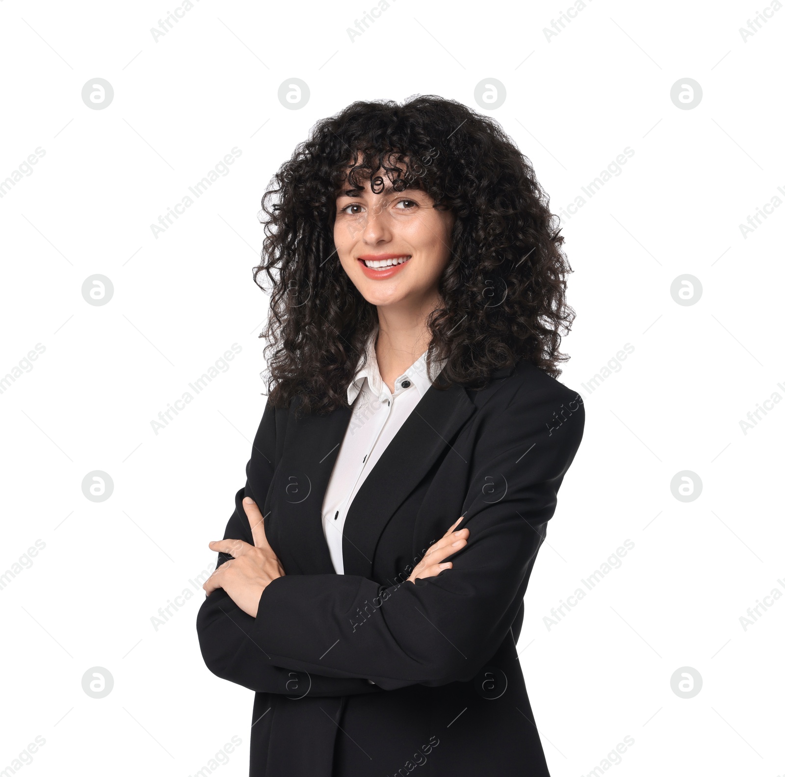 Photo of Beautiful young woman in black suit isolated on white